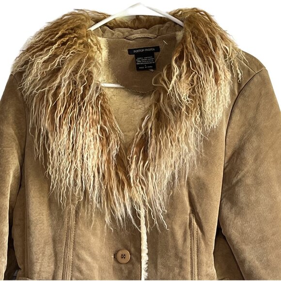 Boston Proper Womens Genuine Leather Suede Jacket With Mongolian Fur Trim Y2K - Picture 2 of 8
